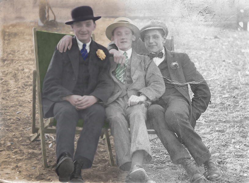Restored and hand coloured photograph fades to unrestored version